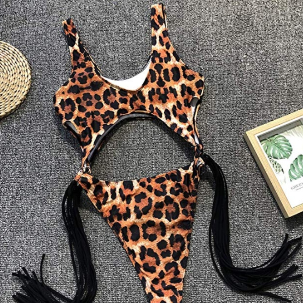 VALEN Leopard Print Fringe Monokini - Picture 7 of 8